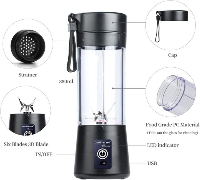 Mini Mixeur Portable 380 Ml USB Rechargeable – 6 Lames Inox – Blender Smoothie Jus Protéiné Voyage Cuisine