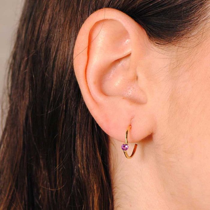 Boucles D'oreilles Créoles 30mm Plaqué Or 18 Carats Avec Améthyste - Pour Femme