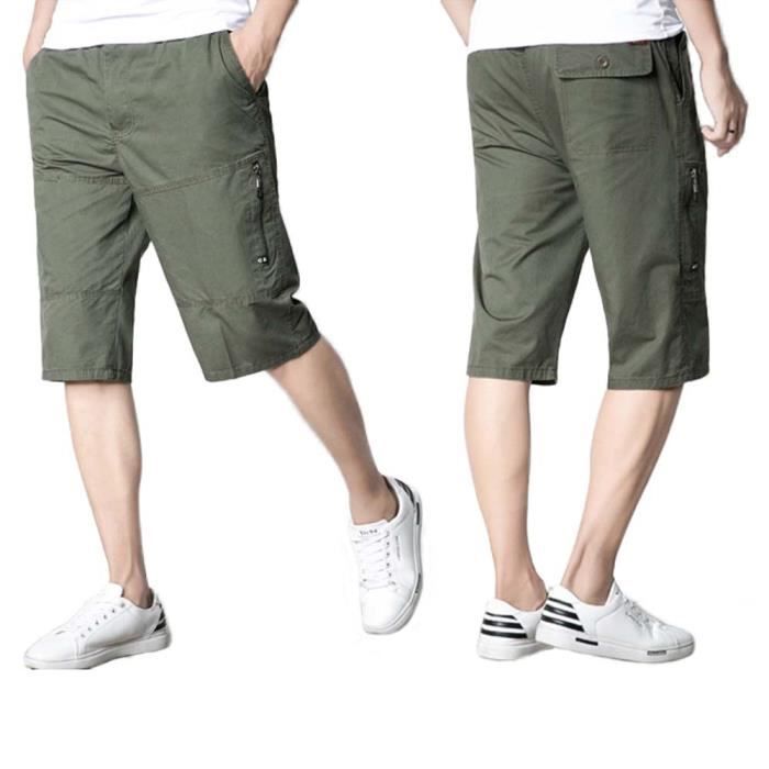 Pantacourt Homme Regular Straight en Coton Pantalon Court Ete Multi poches Couleur Unie Vert