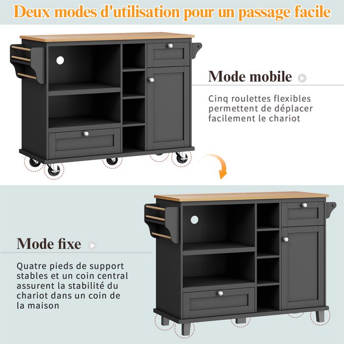 Îlot De Cuisine Avec Plan De Travail Pliable - Chariot De Rangement Avec Multiprise - Meuble Buffet Noir Style Bois