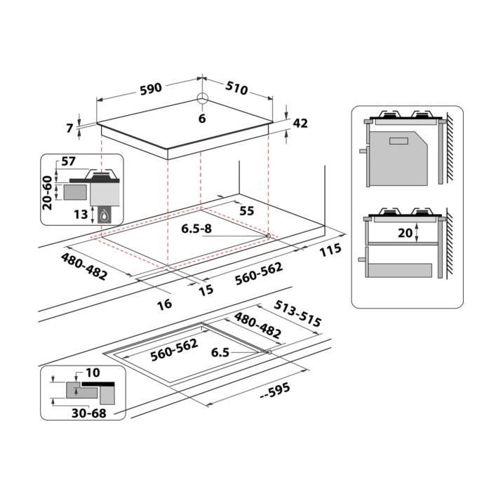 Table de cuisson gaz 4 foyers WHIRLPOOL GOB616NB Commande mécanique
