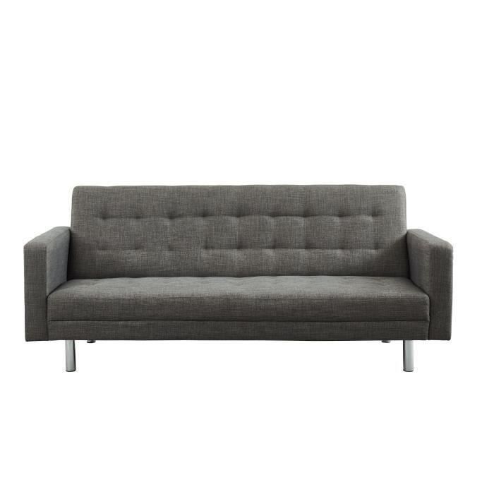 CARL Canapé droit convertible 3 places - Tissu gris + pieds en métal chromé - Contemporain - L 204 x P 82 cm