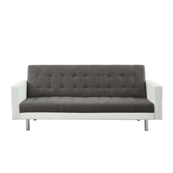 CARL Canapé droit convertible 3 places - Simili et tissu - Blanc et gris - Pieds en métal chromé - Contemporain - L 204 x P 82 cm