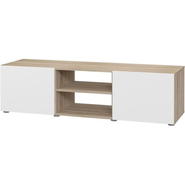 PILVI Meuble TV - Blanc et chêne sonoma - L 140 x P 42 x H 31 cm