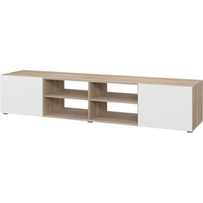 Meuble TV - Blanc et chêne - L 180 x P 42 x H 37 cm - PILVI