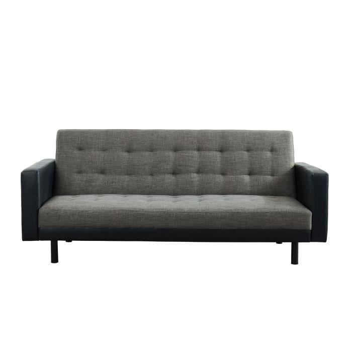 CARL Canapé droit convertible 3 places - Simili et tissu - Noir et gris - Pieds en métal noir mat - Contemporain - L 204 x P 82 cm