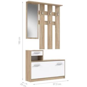 MEUBLE D'ENTRÉE PEILI Vestiaire d'entrée avec miroir scandinave décor chêne et blanc - L 97 cm