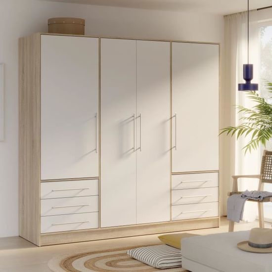 Armoire 4 portes battantes + 6 tiroirs Bois aggloméré Chêne et blanc