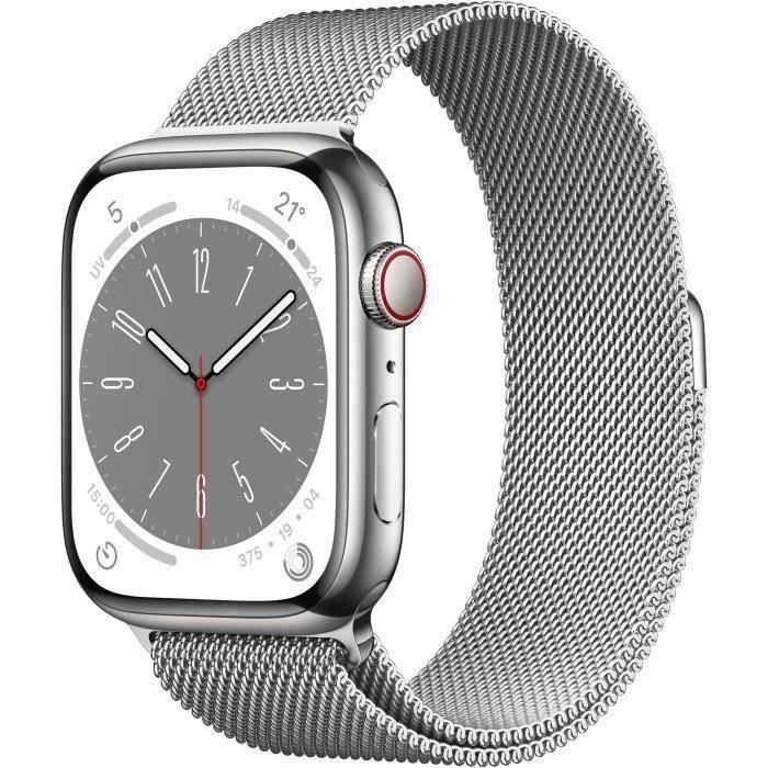 Apple Watch Series 8 GPS + Cellular - 45mm - Boîtier Silver Stainless Steel  - Bracelet Silver Milanese Loop - Cdiscount Téléphonie