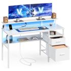 VASAGLE Bureau Gaming, avec Tiroirs en Tissu, avec Support d'Écran, Lumières LED, 55 x 135 x 90 cm, 2 Ports USB, Blanc Érable
