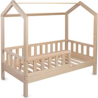 Lit cabane en bois pour enfant avec sommier et barrière 60 cm x 120 cm - solide et robuste