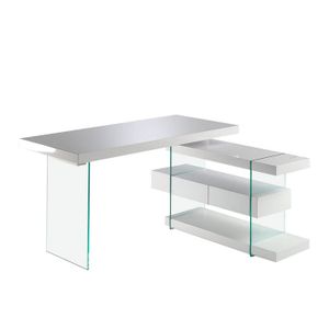 BUREAU  Bureau angle - 2 tiroirs et étagères - Bois de noyer et verre trempé - Blanc - L 140 x P 127 x H 75 cm