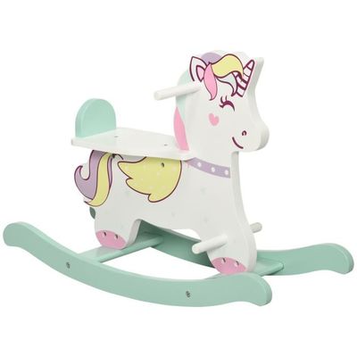 Cheval a bascule licorne en bois HOMCOM 68x27x47cm poignees repose pied butees MDF blanc vert rose Cdiscount Jeux Jouets