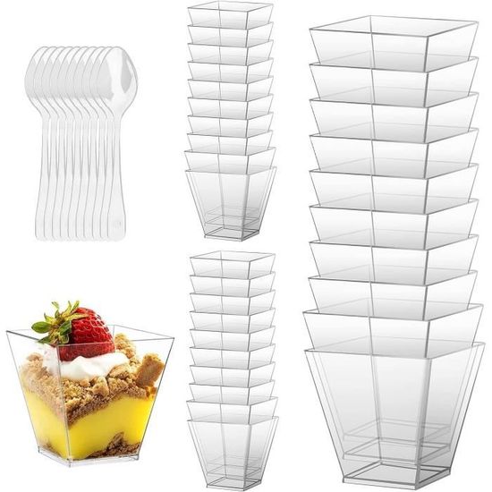 30 Verrines Plastique 160ml Avec Couvercles Et Cuillères - Transparentes - Pour Desserts Et Apéritifs