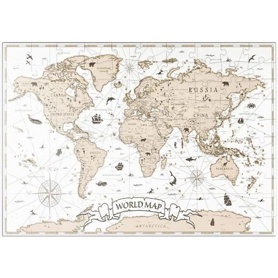 Carte du Monde Détaillée en Dessin Animé Vintage Premium Pièces Puzzle ...