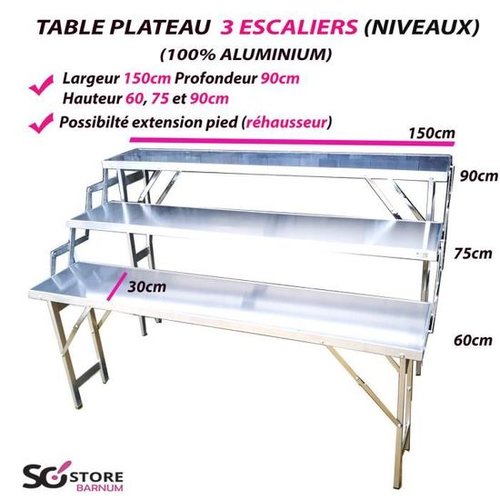 So Store Barnum - Lot de 2 Tables 3 Escaliers - 150 x 60 CM - Hauteur Extensible 75 à 90 CM - Aluminium