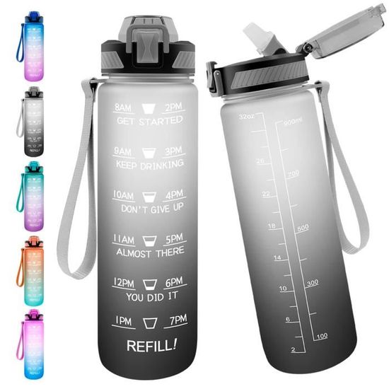 Gourde 1l avec paille, Bouteilles d'eau de sport étanches sans BPA avec marqueur de temps de motivation, gourde sport 1 litre pour la salle de sport, l'école, le bureau et l'extérieur (Rose
