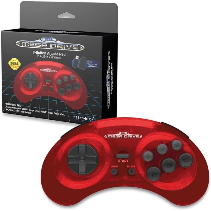 Jeux Accessoires et Consoles Retrogaming-Retrobit - Sega Mega Drive Manette CRIMSON RED 8 boutons sans fil 2.4Ghz - Dongle USB/Port