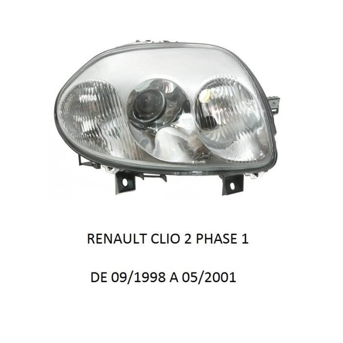 COTE DROIT PASSAGER FEUX PHARE AVANT DOUBLE OPTIQUE RENAULT CLIO 2 PHASE 1 DE 5/98 A 05/01