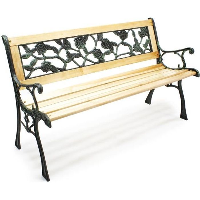 Banc de jardin Banquette Inge en Bois et Fer de fonte Dossier avec Design de roses Deux places - 51843