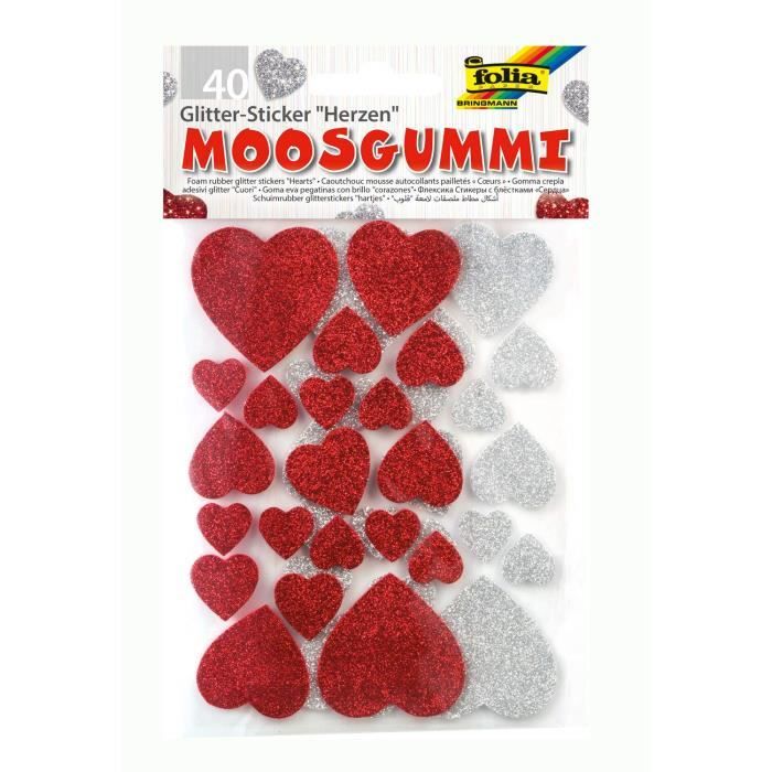 Bringmann Folia 23791 Lot de 40 stickers pailletés en forme de c?urs en caoutchouc-mousse, assortiment doré/argenté - 6 2247 100