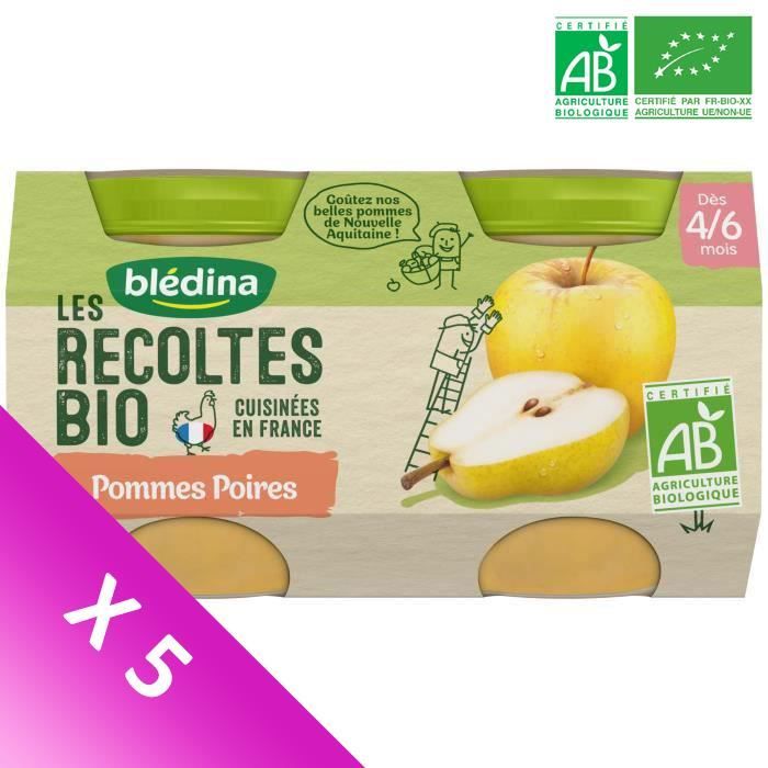 Blédina Les Récoltes Bio, Petits pots pour bébé Bio - Dès 4/6 mois - Pommes Poires - Lot de 5 x 260 g