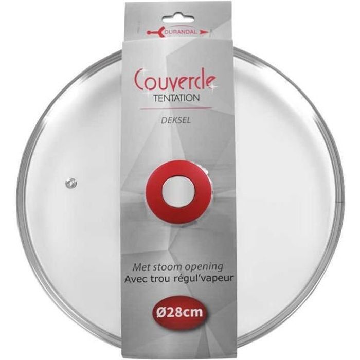 Couvercle en verre cerclée inox et poignée rouge Tentation 28 cm, couvercle adapté pour poêles 28 cm et poêles Tentation - Gris
