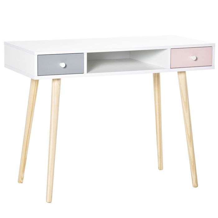 Bureau enfant style scandinave avec tiroir et compartiment de rangement 100L x 48l x 76,5H cm MDF et pin blanc gris et rose