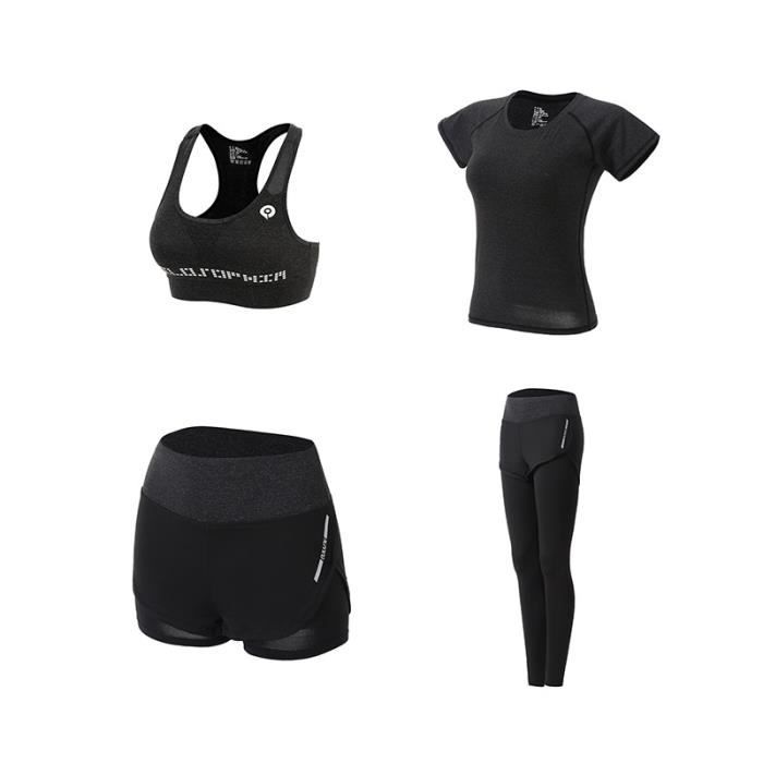 Ensemble de vêtements de sport femmes 4 pièces de Yoga(Soutien-gorge+T-shirt+Short+Pantalon) Jogging Fitness Séchage rapide