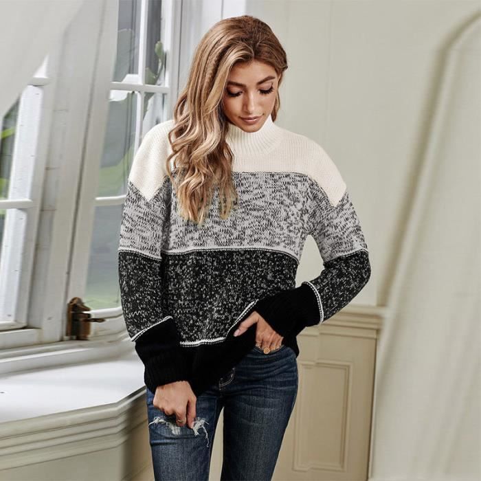 DoringIN-Mode Pull Chandail Femme Col Montant Manches Regular Fit Chandail Tricolore