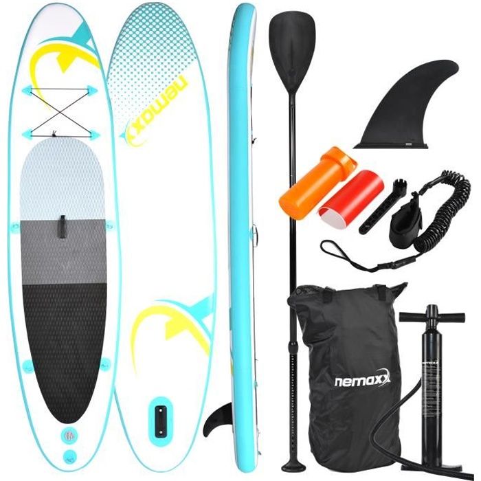 Nemaxx Stand Up Paddle gonflable 320x78x15 cm, turquoise/jaune - SUP, planche de surf gonflable et facile à transporter - sac de