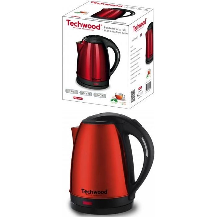 Bouilloire Inox Rouge 1,8L Sans Fil 1,8 Litre 1500W Arrêt automatique Rouge