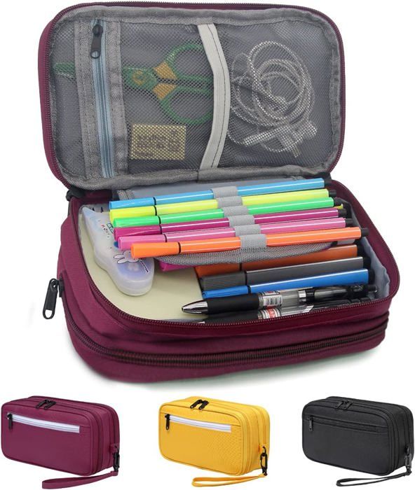 Trousses Scolaires Double Compartiment - Lot De 2, Grande Capacité, Zip, Pour Crayons, Maquillage, Organisation - 7