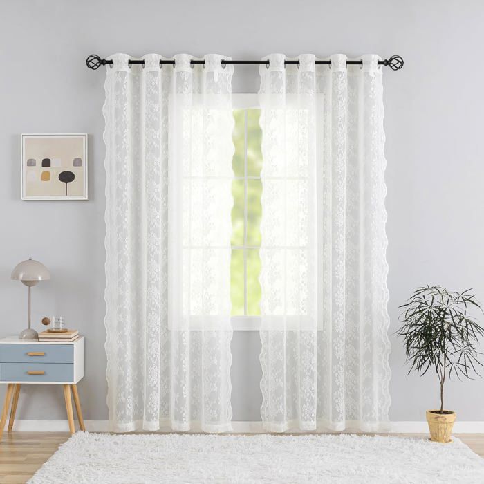 Rideaux En Voile Brodés – Lot De 2 – 260 X 140 Cm – Crème Avec Motifs Fleurs – Œillets Métalliques