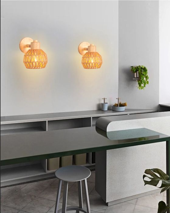 iDEGU Lot de 2 Rétro Applique Murale Industriel Lampe Plafonnier en Bois Rotin Brun Luminaire Réglable pour Salon Chambre