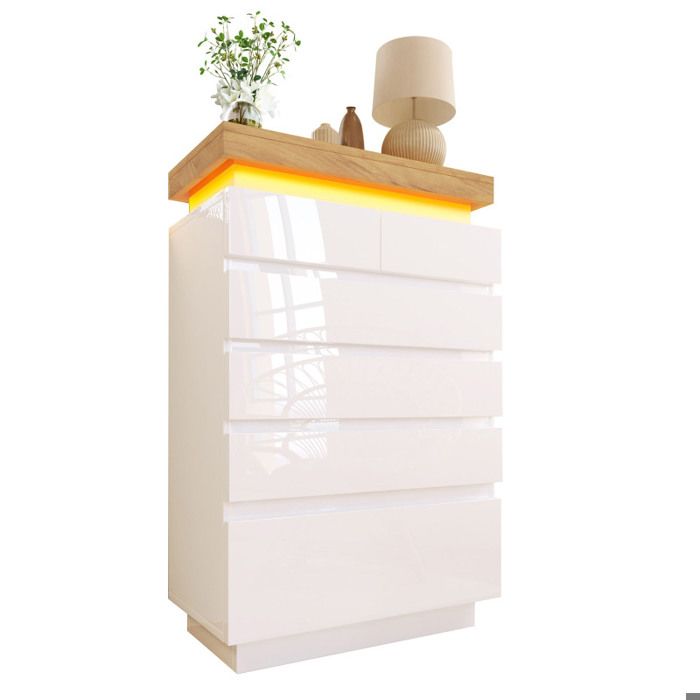 Commode de chambre - LANGTU - Modèle LED - 6 tiroirs - Brillant blanc - Éclairage LED - 73x39x115 cm
