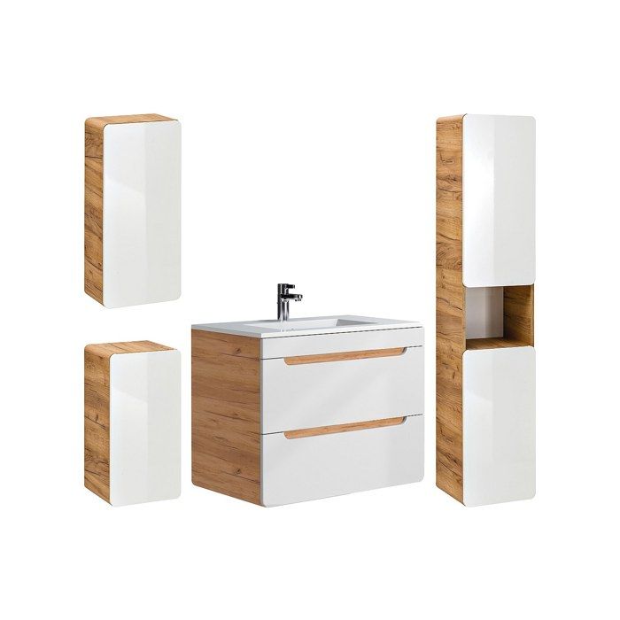 Meuble de salle de bain suspendu avec vasque à encastrer et trois colonnes - Coloris naturel et blanc - 80 cm - ARUBA