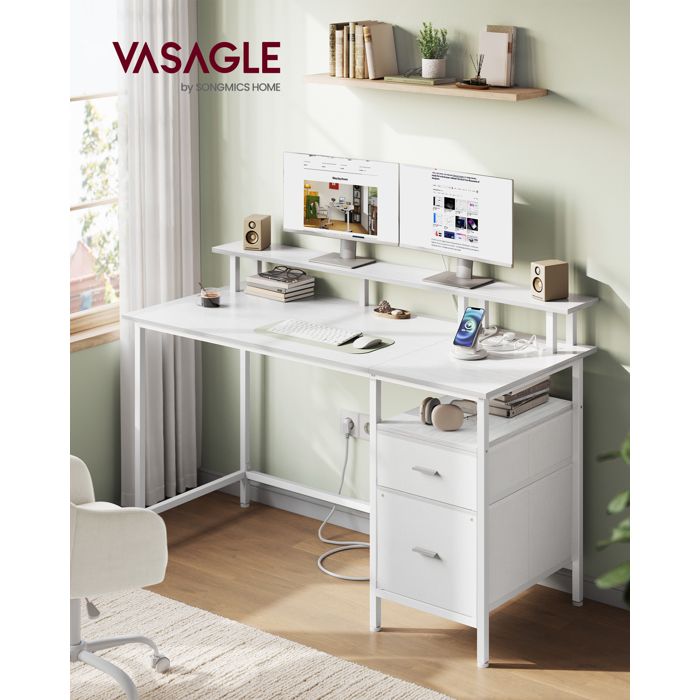 Bureau Gaming avec Tiroirs en Tissu Table Informatique avec Support dÉcran Multiprise 2 Ports USB 140 x 60 cm Blanc Érable