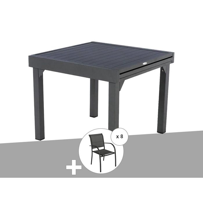 Ensemble repas table extensible alu 4/8 places Graphite + 8 fauteuils Piazza - Hespéride