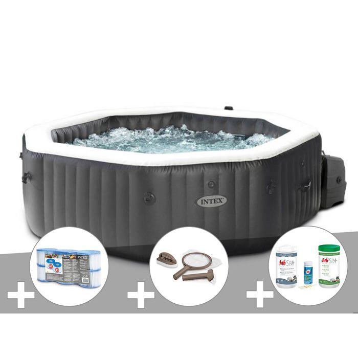 Intex Kit spa gonflable PureSpa Carbone octogonal Bulles et Jets 4 places + 12 filtres + Kit traitement brome + Kit d'entretien