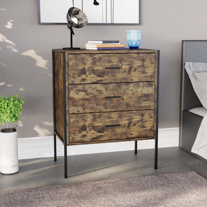 Commode Brooklyn en bois foncé avec 3 tiroirs poignées et glissières en métal – Meuble de chambre