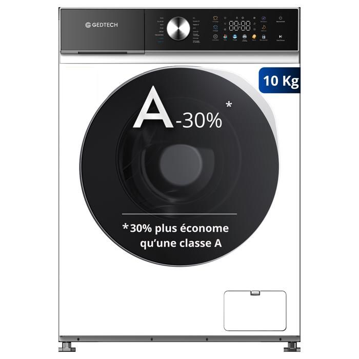 GEDTECH Lave-linge frontal GLLPS101400WH - 10 Kg - 1400 tr/mn - 16 prog - Eco - Intensif - Rapide – Très Faible conso - LED - Gedtech