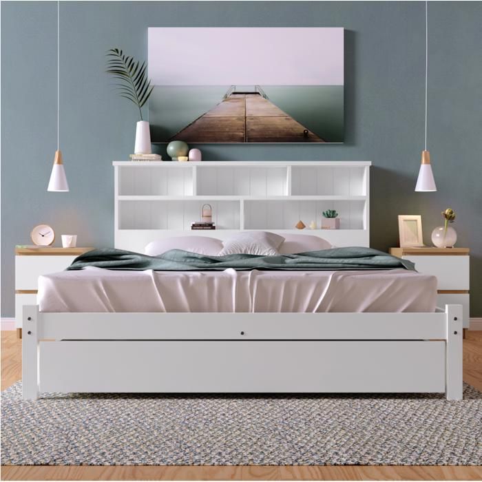 Lit double en bois massif avec tiroirs et sommier à lattes bibliothèque pour adolescents et adultes 140x200cm blanc