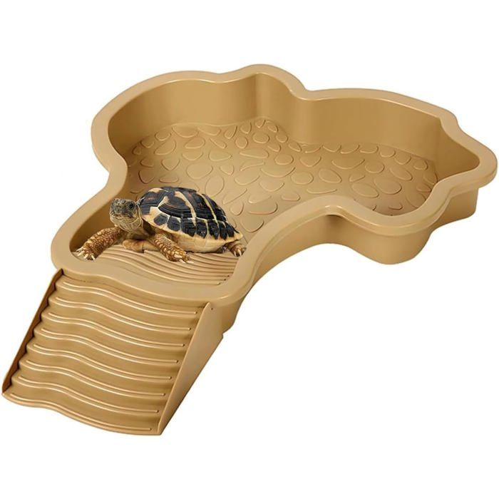 Abreuvoir Tortue Terrestre Plat deau Bassin pour Tortue de Piscine avec Rampe Bol deau pour Reptiles avec Échelle (Brown)