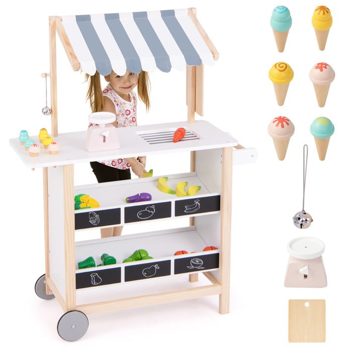 DREAMADE Chariot de Crème Glacée Enfants avec 6 Jouets à Cône Stand de Marchand Enfants en Bois avec Etagère et Tableau Noir Coloré