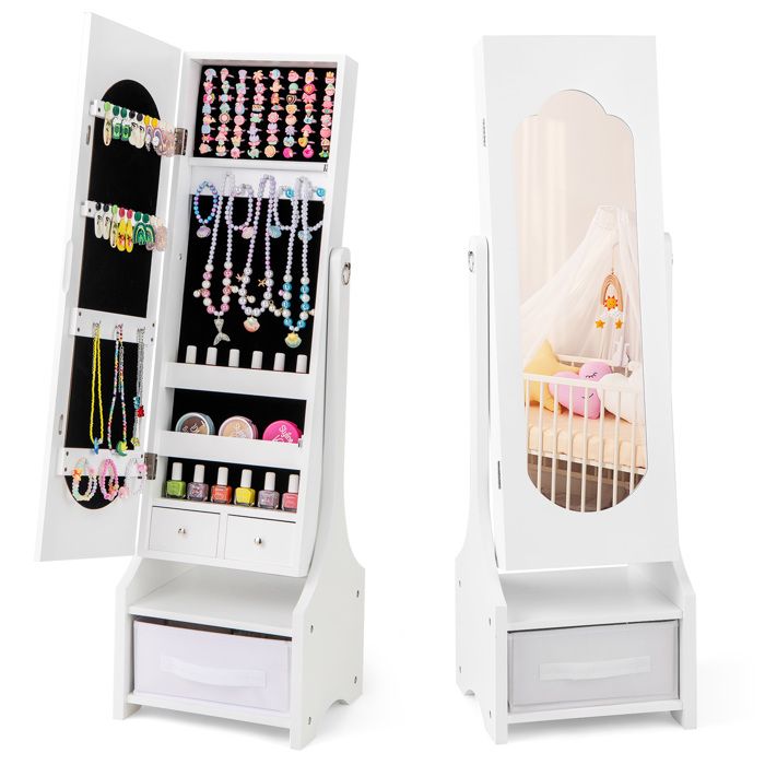 COSTWAY Armoire à Bijoux pour Enfants 31 5x30x105CM - Miroir sur Pied - Bac de Rangement - 2 Tiroirs - 2 Angles d’Inclinaison Blanc