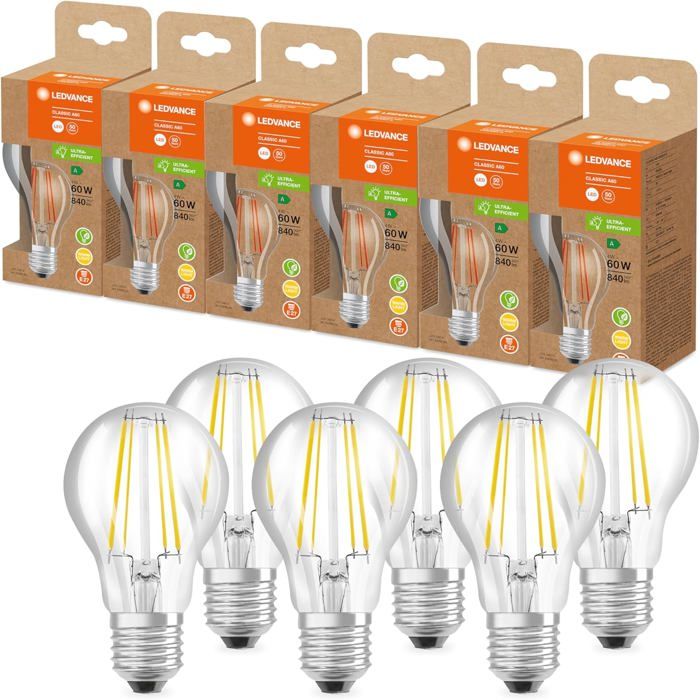 Lampe à économie dénergie - LEDVANCE - Ampoule à filament en verre - E27 - 4W (équiv. 60W) - Blanc chaud 3000K Lampe à économie dénergie - LEDVANCE - Ampoule à filament en verre - E27 - 4W (équiv. 60W) - Blanc chaud 3000K