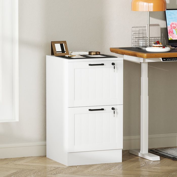 Caisson bureau meuble rangement bois 2 tiroirs et serrure barres de suspension réglables 40 x 40 x 71 cm blanc