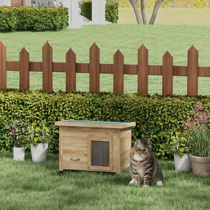 Maison pour chats niche dextérieur en bois surélevée avec toit asphalte fenêtre 57 x 45 x 43 cm jaune