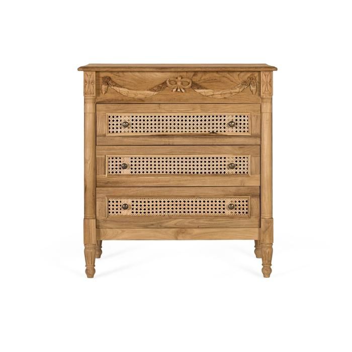 Commode en teck massif - Trois tiroirs - Rotin tressé - 80x40x86 cm - Naturel - Finition rustique - Pieds tournés